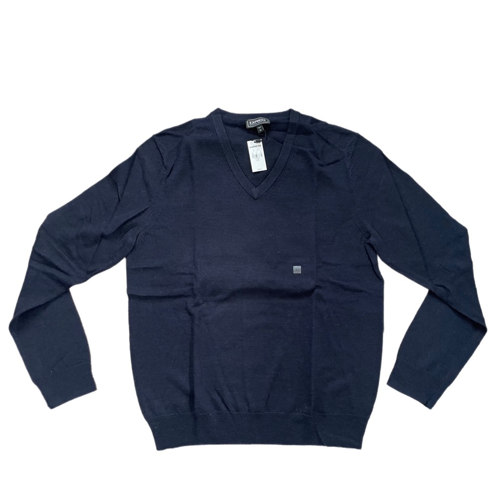 Express Men’s L officer blue lightweight merino wool v-neck pullover sweater
